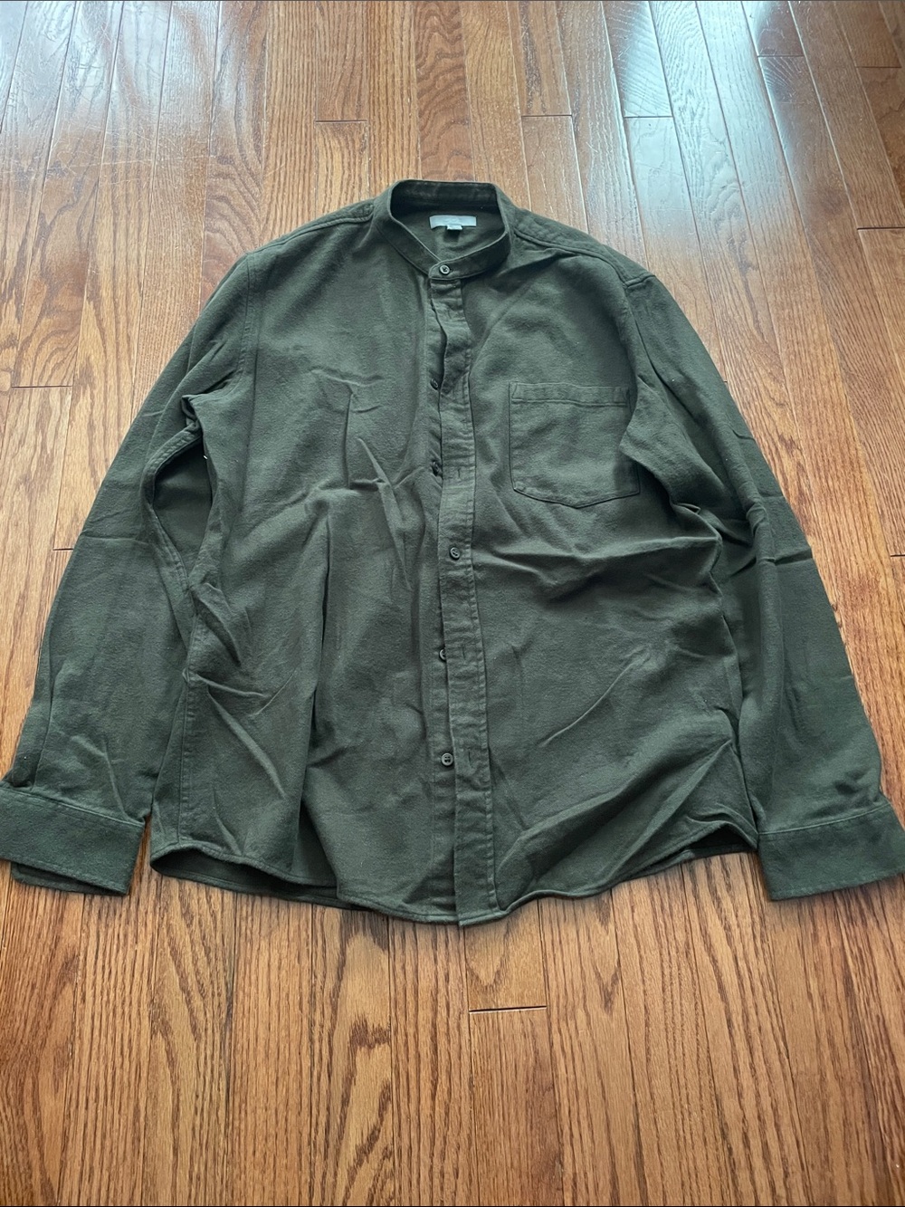 COS Olive Green 100% Cotton Flannel Mandarin Collar Button Down Shirt Sz S